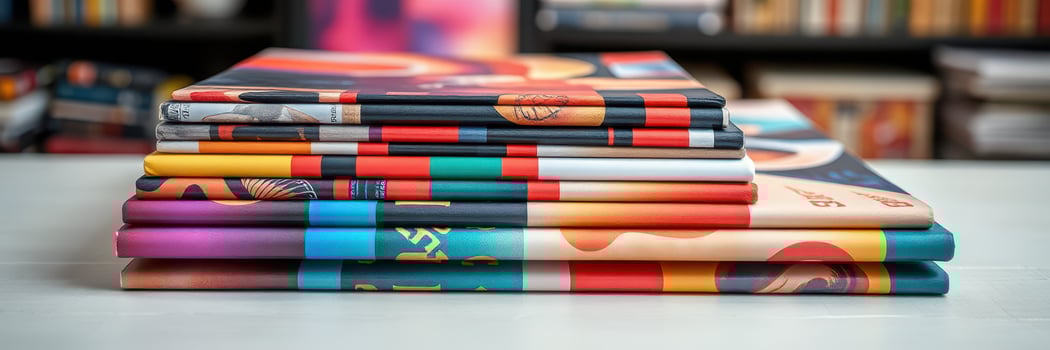 Stacked colorful magazines showcasing diverse cover designs on a table in a cozy library setting photo