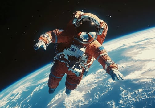 An astronaut in an orange spacesuit performs a spacewalk above Earth photo