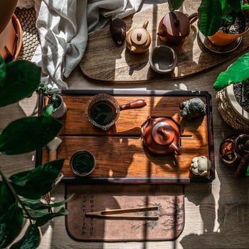 A Relaxing and Serene Tea Setup Incorporating Natural Elements and Abundant Greenery photo