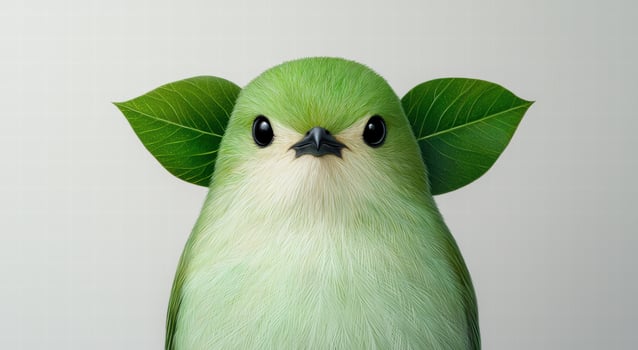 cute green bird with large eyes and leaves photo
