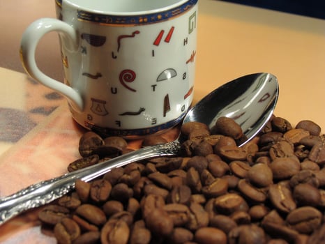 Kona Coffee in a Coffee Cup with Tableware and Plants photo