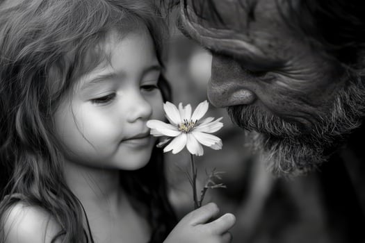 Little girl holding flower while father smiles with pride photo