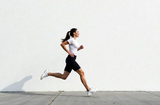 Woman running white wall, jogging athlete doing sports outside photo