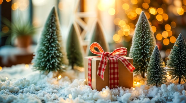 miniature evergreens surround a wrapped gift artificial snow photo