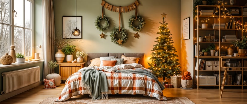 festive bedroom decor with a cozy bed decorated tree photo