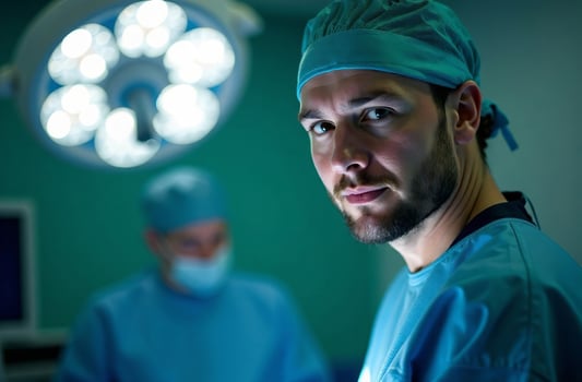 Portrait man Doctor on Background survey Operating Room in Hospital photo