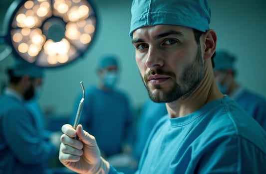 Portrait man Doctor survey Background of Operating Room in Hospital photo