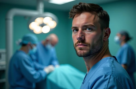 Portrait survey man Doctor Background of Operating Room in Hospital photo