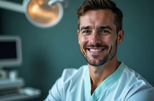 Portrait man Doctor survey Background of dentist office in Hospital photo