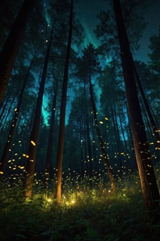 A serene forest scene illuminated by fireflies under a starry sky. photo
