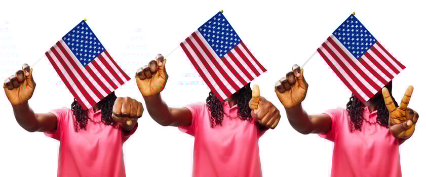 A set of young black African women lady girl wearing pink shirt holding USA national flag making fist blow, thumbs up, peace sign on white background. Proud patriotic American photo