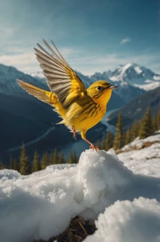 A vibrant yellow bird perched on snow, with mountains and a river in the background. photo