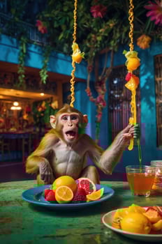 A monkey enjoys a colorful fruit feast in a vibrant, tropical setting. photo