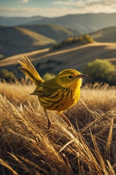 A vibrant yellow bird stands on golden grass, showcasing nature's beauty in a serene landscape. photo
