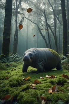 A manatee-like creature in a misty forest, surrounded by lush greenery and fallen leaves. photo