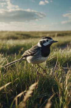 A small bird with a black and white pattern stands on grass in a natural landscape. photo