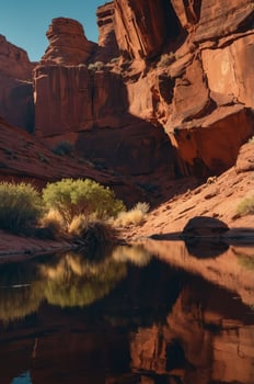 Serene landscape with red rock formations and a calm water reflection. photo