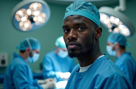Portrait man Doctor survey on Background of Operating Room in Hospital photo