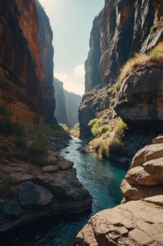 A serene canyon landscape with a river flowing between towering rock formations. photo