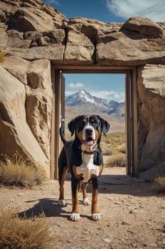 A dog stands in a rocky landscape framed by an open door, with mountains in the background. photo