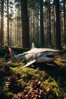 A shark lying on mossy ground in a sunlit forest, blending aquatic and terrestrial environments. photo