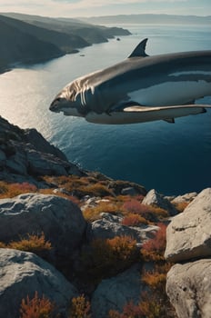 A surreal scene featuring a shark soaring over a rocky coastline and ocean. photo