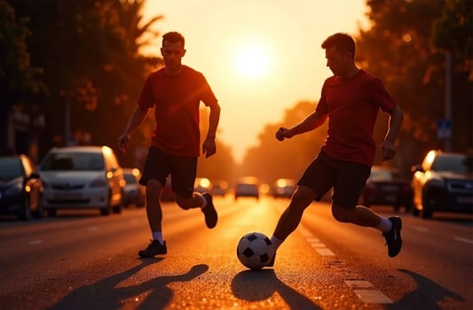 Men playing soccer outside football player kicking ball photo