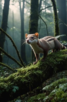 A small mammal exploring a mossy log in a misty forest, capturing the essence of wildlife. photo
