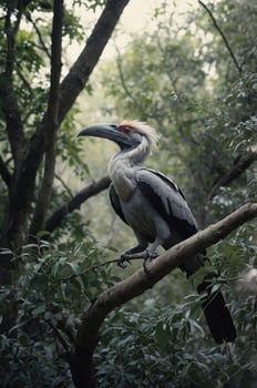 A majestic bird perched on a branch in a lush forest. photo
