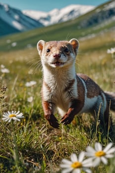 A playful animal stands in a meadow filled with flowers and mountains in the background. photo