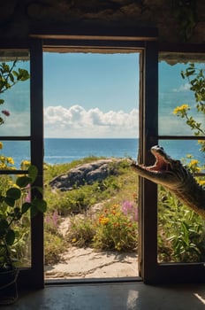 A scenic view of the ocean framed by a doorway, with flowers and a crocodile's head. photo