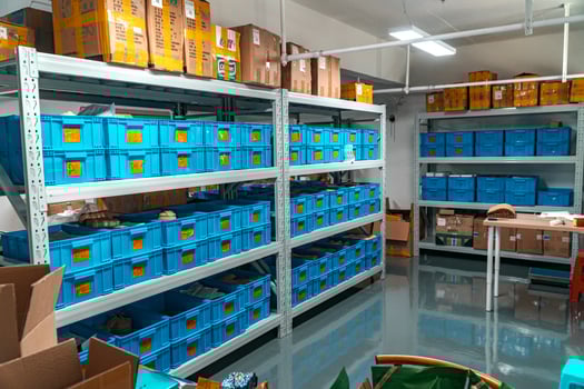 This is a wellorganized storage room that features blue bins and shelves for efficiency photo