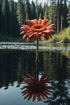 A vibrant orange flower stands above a reflective water surface in a serene forest setting. photo