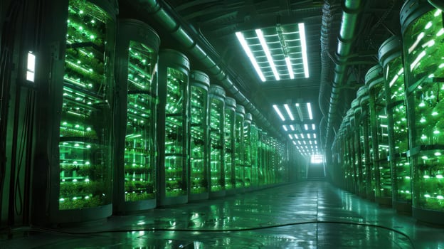 A futuristic facility featuring illuminated green tanks, possibly for scientific research or cultivation. photo