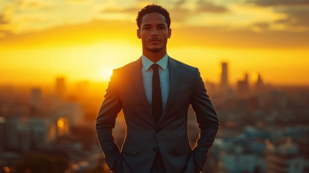 A businessman stands tall with a confident expression as the sun sets behind a city skyline. The warm glow of the sunset highlights his professional attire, symbolizing achievement. photo