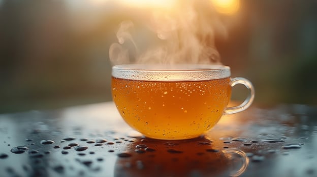 A steaming cup of tea sits on a wet surface, surrounded by the warmth of golden hour light. The serene atmosphere invites relaxation and enjoyment of the moment. photo