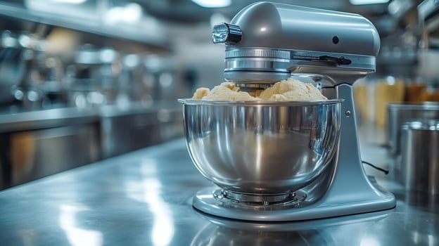 A modern kitchen mixer rests on a stainless steel counter, its bowl filled with dough, as chefs prepare meals in a bustling professional kitchen. The atmosphere is lively and focused. photo