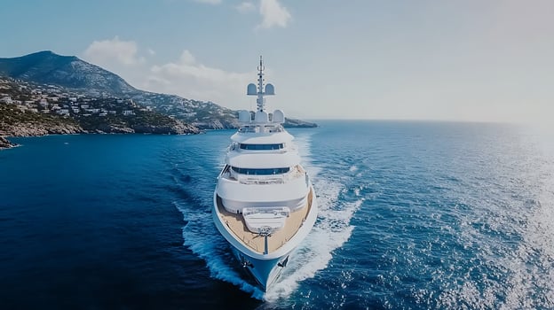 Luxury Yacht Journey Across Endless Ocean Horizon at Sunrise photo