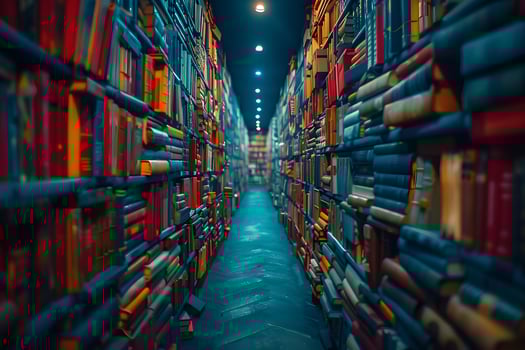 Enchanting Bookstore Aisle - Endless Bookshelves in Dreamlike Lighting photo