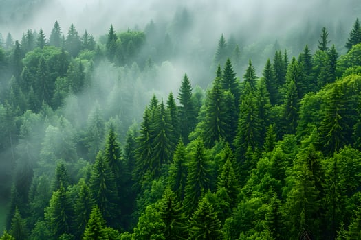 Serene Misty Forest Landscape with Lush Green Pine Trees in Tranquil Morning Light photo
