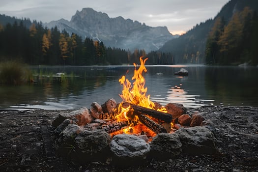Tranquil Campfire by Mountain Lake at Dusk - Nature Retreat and Adventure photo