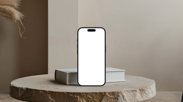 Black titanium smartphone mockup template with blank screen on marble table photo