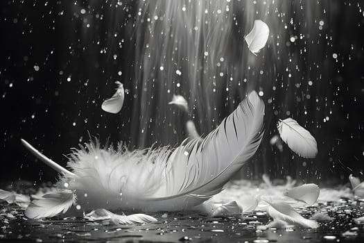 Delicate White Feather Floating in Ethereal Misty Rainfall photo