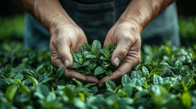 Two hands delicately hold vibrant green tea leaves, showcasing the care and attention given to the plants in a lively plantation. The backdrop features a rich, verdant landscape. photo