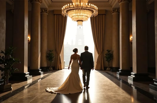 Bride groom walk hall wedding ceremony, full length view back photo