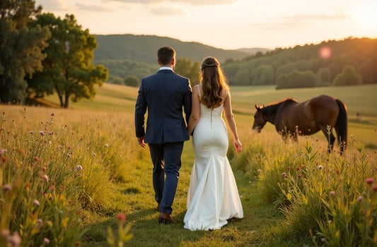 Bride groom walk field wedding ceremony, full length view back photo