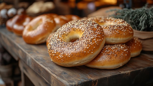 A selection of freshly baked bagels topped with sesame and poppy seeds is beautifully arranged, on a rustic wooden table in a cozy bakery environment. photo