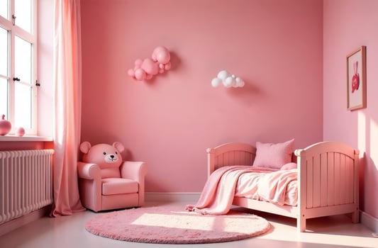 Modern interior cozy of children room pink color, playroom in house photo