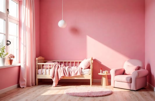 Modern interior of children room pink color cozy, playroom in house photo