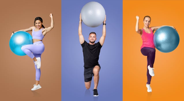 Three young individuals demonstrate dynamic fitness routines with stability balls. Each person showcases athleticism against vibrant backgrounds, highlighting an active lifestyle. photo
